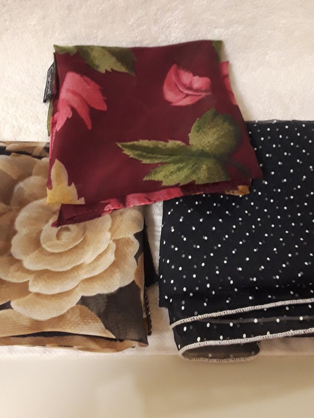 3 Scarves: Vintage 20x20 Neckerchief-Cejon Burgundy, Navy Polka Dot, Blk Floral - Picture 2 of 9